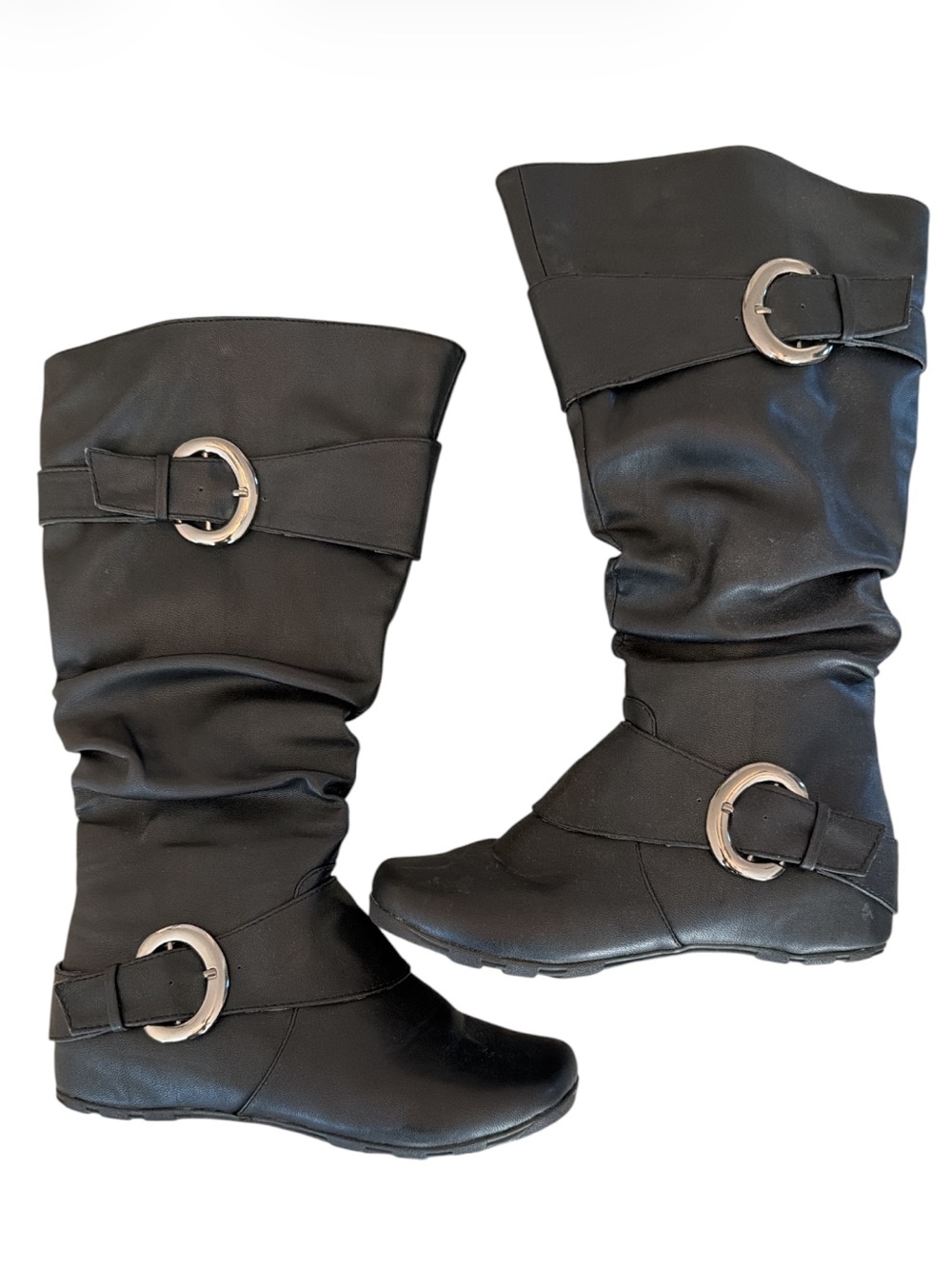 Journee Collection Paris Black Slouch Boots Double Buckle Wedge 7.5 NWOB